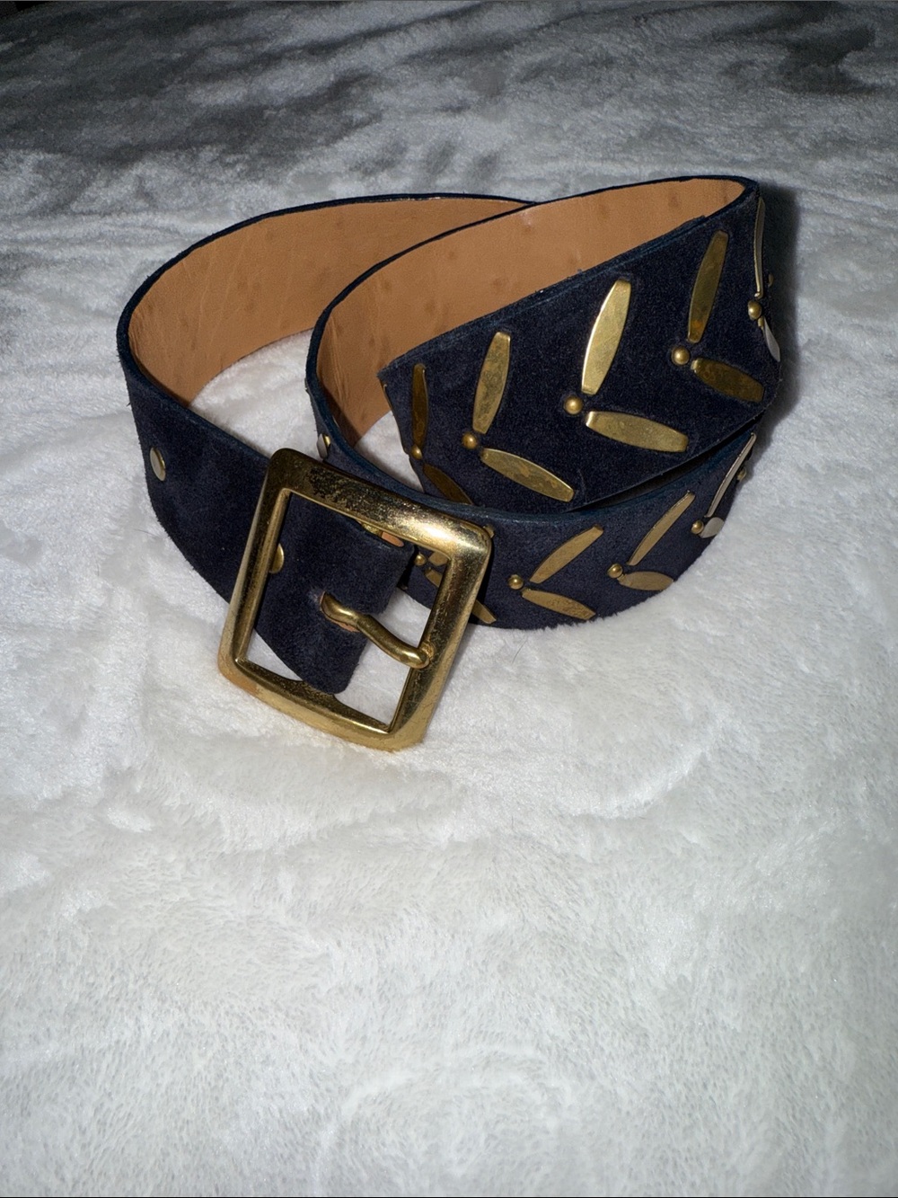 HIGHEND CALLEEN CORDERO Navy Suede Studded Leather Belt with GOLD Buckle 🪬